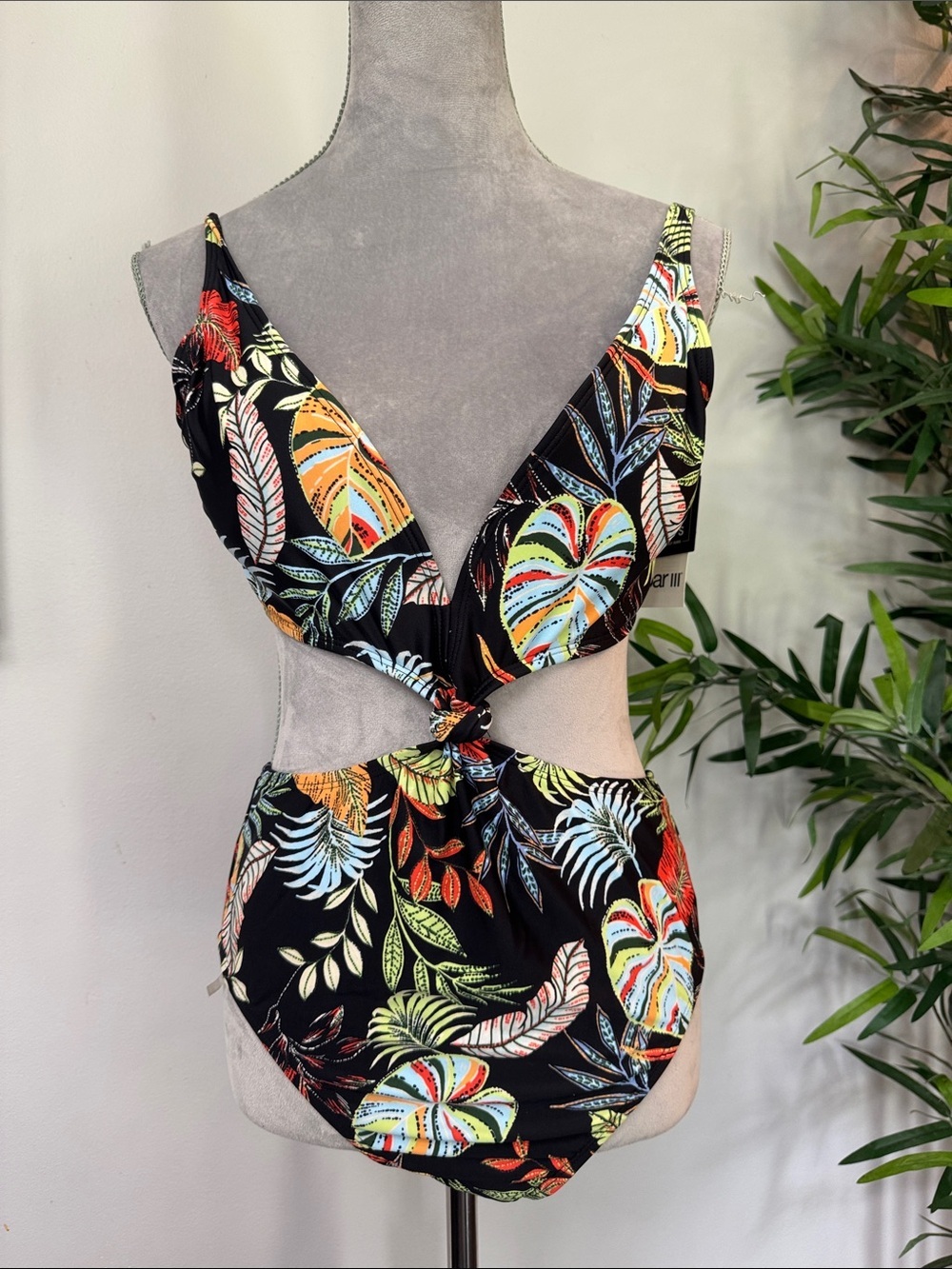 Bar III Black Tropical Leaf sexy Cutout One-Piece Swimsuit NWT L